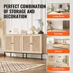 VEVOR Armadietto in Rattan, Mobile Contenitore in Rattan con 4 Ante Magnetiche e Ripiani Regolabili, Credenza a Buffet per Corridoio, Ingresso, Naturale
