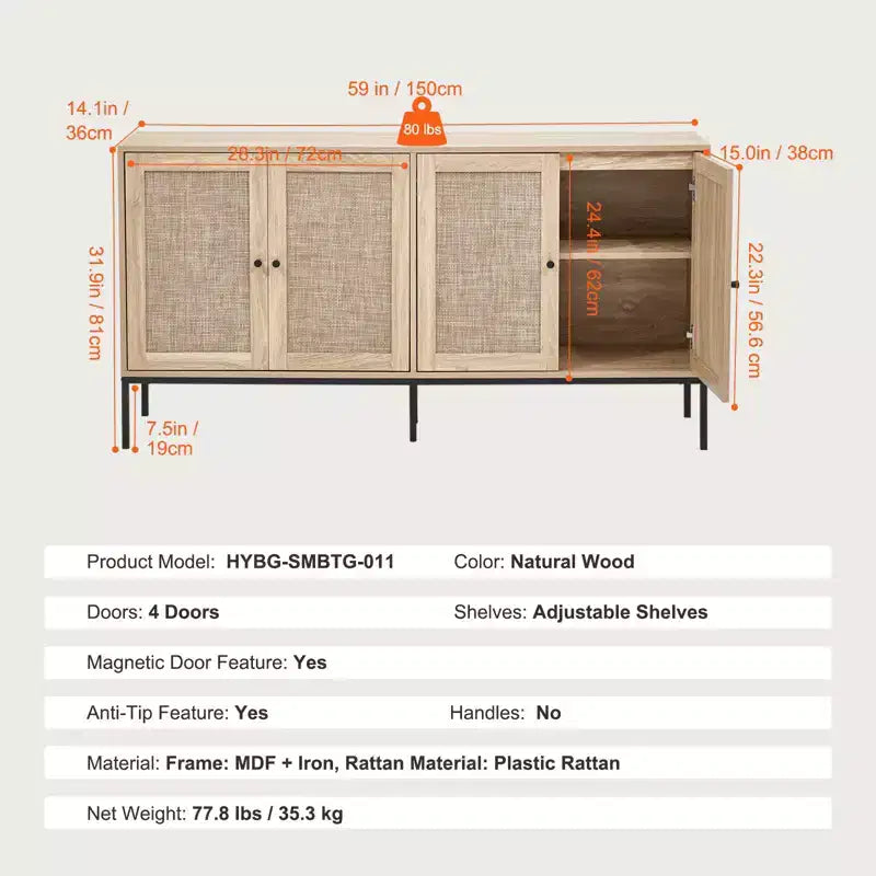 VEVOR Armadietto in Rattan, Mobile Contenitore in Rattan con 4 Ante Magnetiche e Ripiani Regolabili, Credenza a Buffet per Corridoio, Ingresso, Naturale