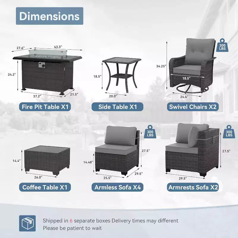 Ensemble de meubles de patio ALAULM 11 pièces, ensembles de conversation d'extérieur en osier de rotin avec table de foyer au propane de 109 cm