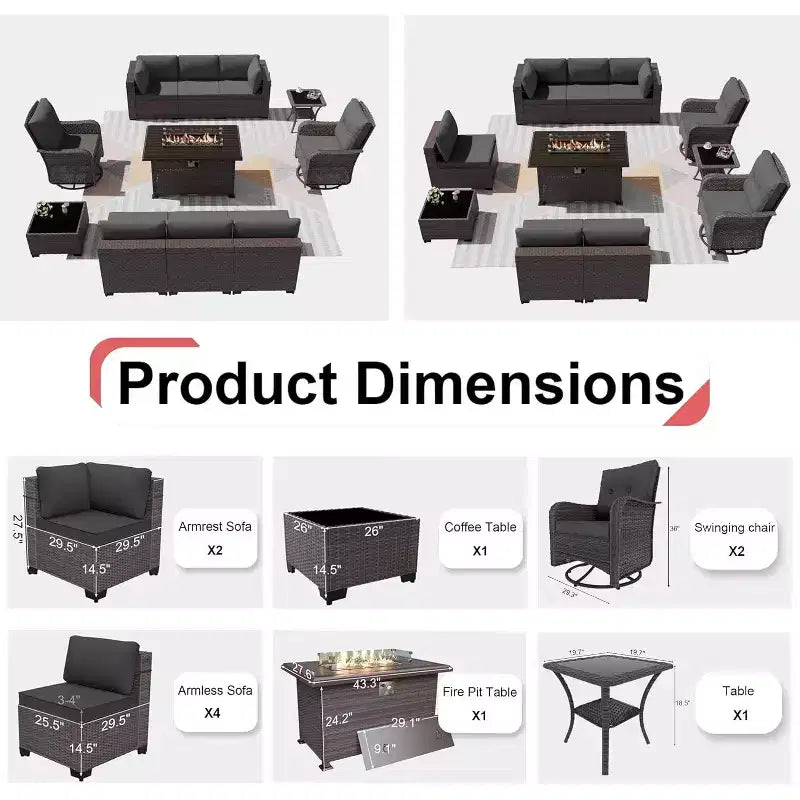 Ensemble de meubles de patio ALAULM 11 pièces, ensembles de conversation d'extérieur en osier de rotin avec table de foyer au propane de 109 cm