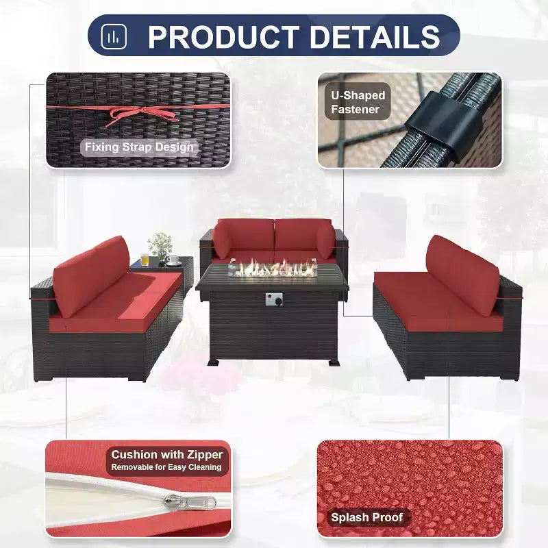 Ensemble de meubles de patio ALAULM 11 pièces, ensembles de conversation d'extérieur en osier de rotin avec table de foyer au propane de 109 cm