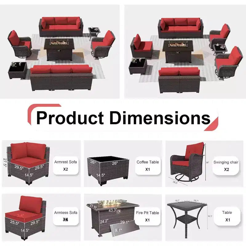 Ensemble de meubles de patio ALAULM 11 pièces, ensembles de conversation d'extérieur en osier de rotin avec table de foyer au propane de 109 cm