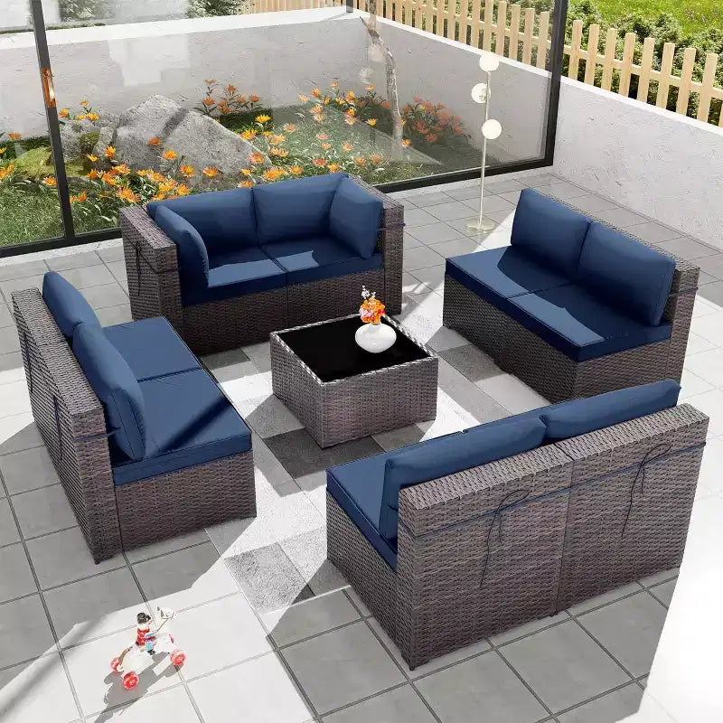ALAULM Ensemble de mobilier de patio 9 pièces, salons d'extérieur en rotin et osier, ensemble de canapés de mobilier d'extérieur