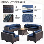 ALAULM Ensemble de mobilier de jardin 11 pièces, ensembles de conversation extérieurs en osier de rotin, ensemble de canapés de mobilier avec table de foyer au propane de 43 pouces