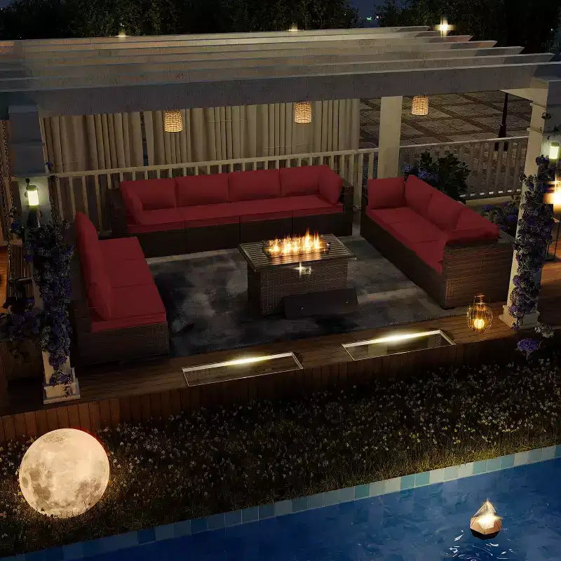 ALAULM Ensemble de mobilier de jardin 11 pièces, ensembles de conversation extérieurs en osier de rotin, ensemble de canapés de mobilier avec table de foyer au propane de 43 pouces