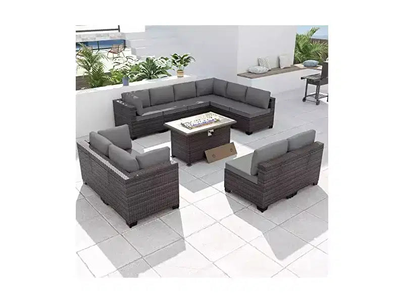 ALAULM Ensemble de mobilier de jardin 11 pièces, ensembles de conversation extérieurs en osier de rotin, ensemble de canapés de mobilier avec table de foyer au propane de 43 pouces