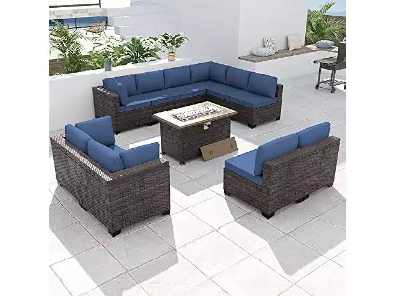 ALAULM Ensemble de mobilier de jardin 11 pièces, ensembles de conversation extérieurs en osier de rotin, ensemble de canapés de mobilier avec table de foyer au propane de 43 pouces