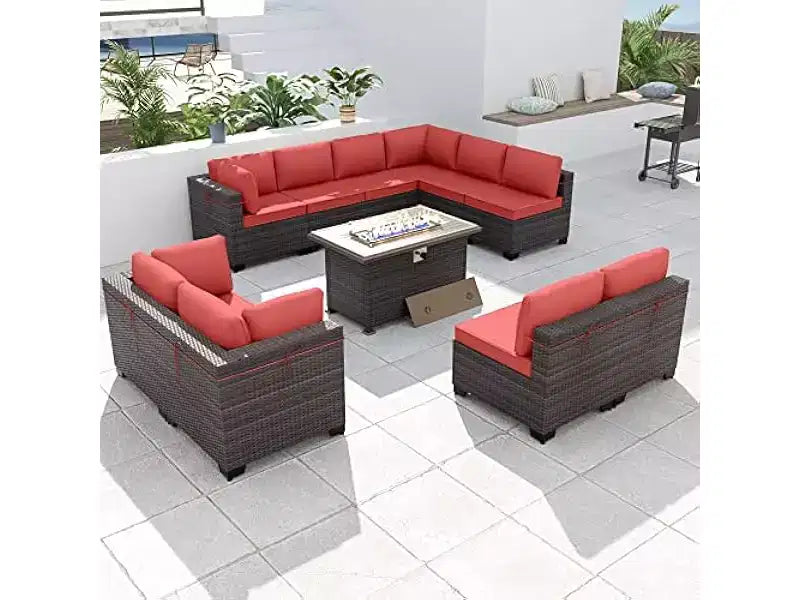 ALAULM Ensemble de mobilier de jardin 11 pièces, ensembles de conversation extérieurs en osier de rotin, ensemble de canapés de mobilier avec table de foyer au propane de 43 pouces