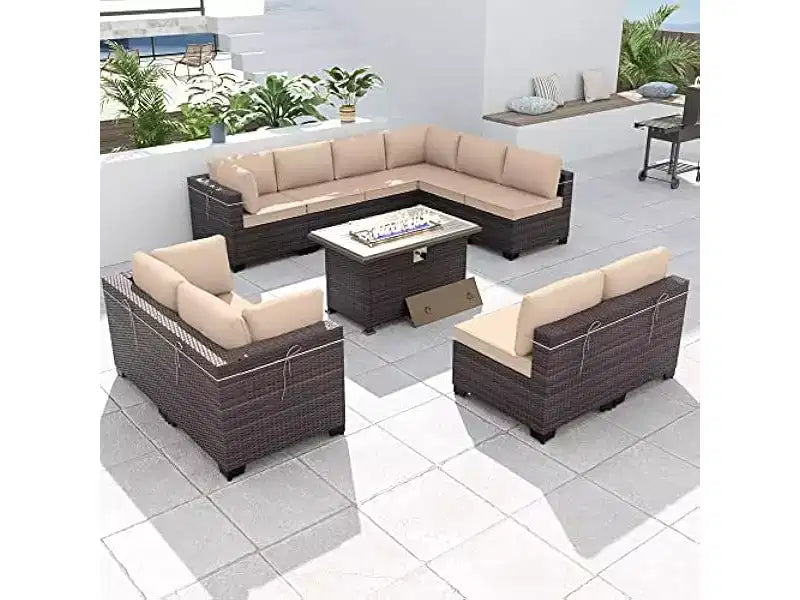 ALAULM Ensemble de mobilier de jardin 11 pièces, ensembles de conversation extérieurs en osier de rotin, ensemble de canapés de mobilier avec table de foyer au propane de 43 pouces