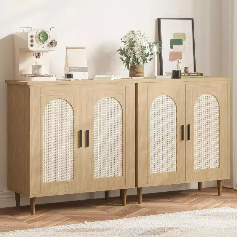 Madia Buffet Mobile Contenitore da Cucina con Rattan, Piedi in Legno Massello per Soggiorno, Ingresso