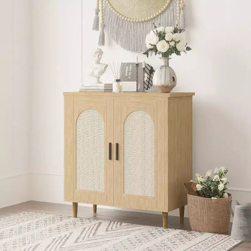 Madia Buffet Mobile Contenitore da Cucina con Rattan, Piedi in Legno Massello per Soggiorno, Ingresso