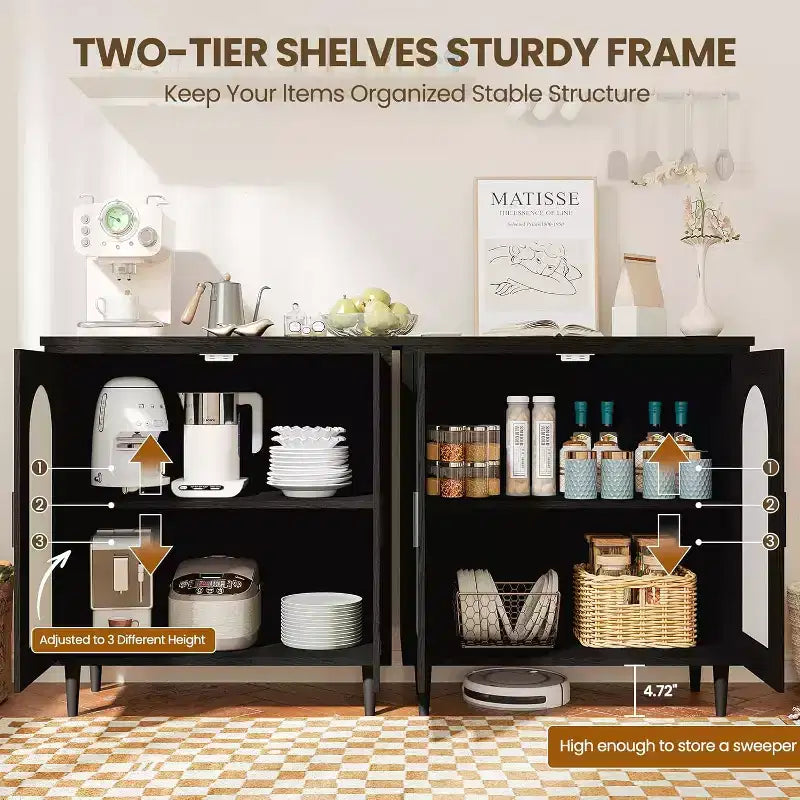 Madia Buffet Mobile Contenitore da Cucina con Rattan, Piedi in Legno Massello per Soggiorno, Ingresso