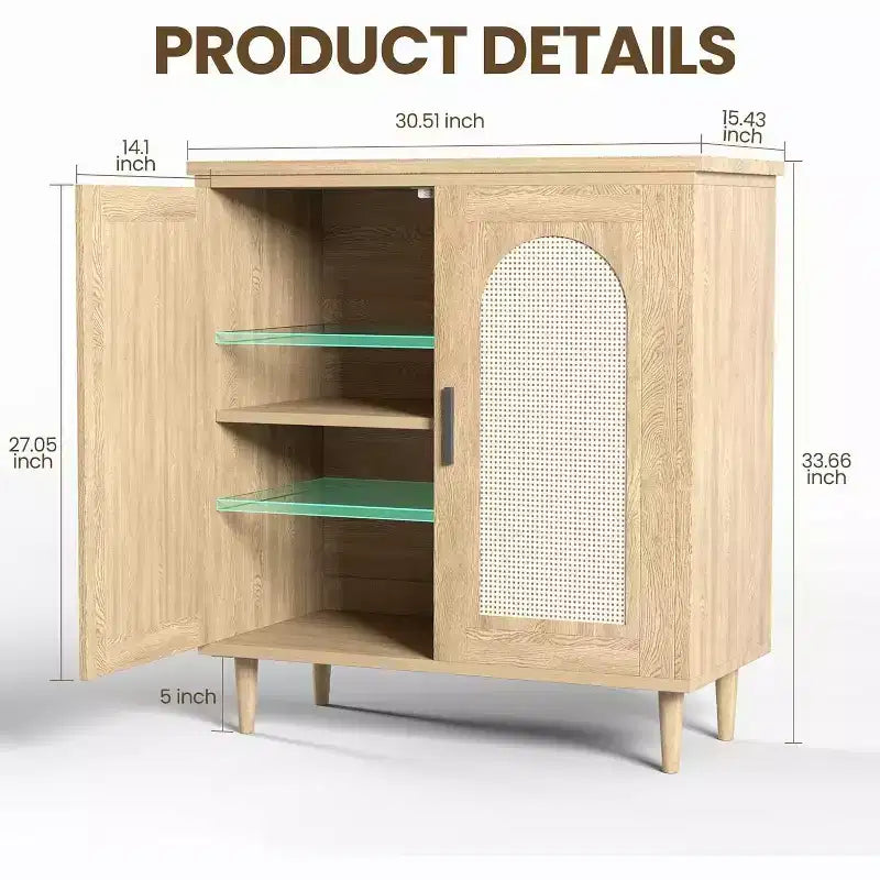 Madia Buffet Mobile Contenitore da Cucina con Rattan, Piedi in Legno Massello per Soggiorno, Ingresso