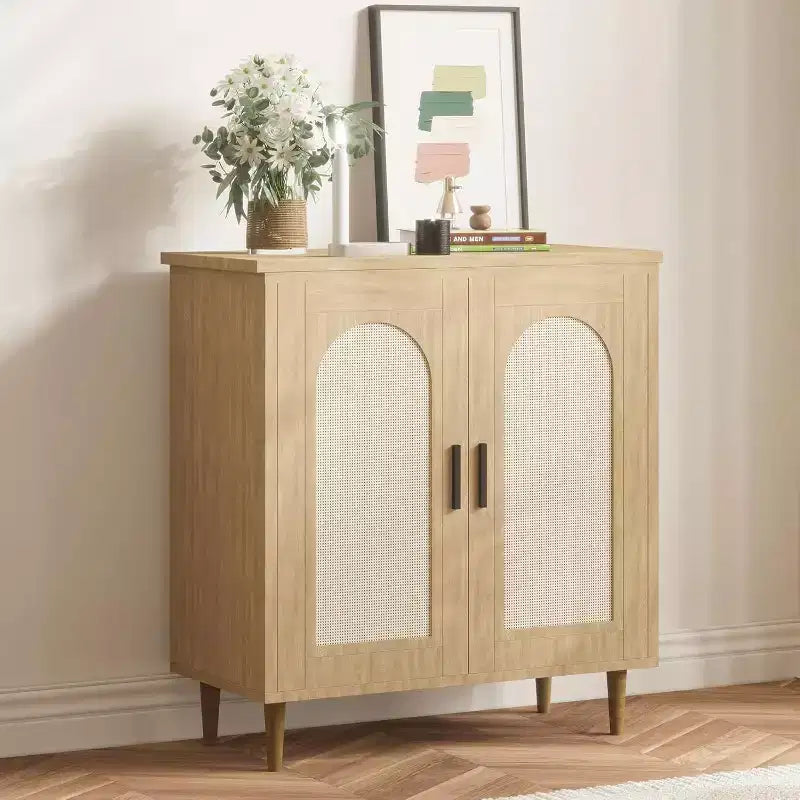 Madia Buffet Mobile Contenitore da Cucina con Rattan, Piedi in Legno Massello per Soggiorno, Ingresso