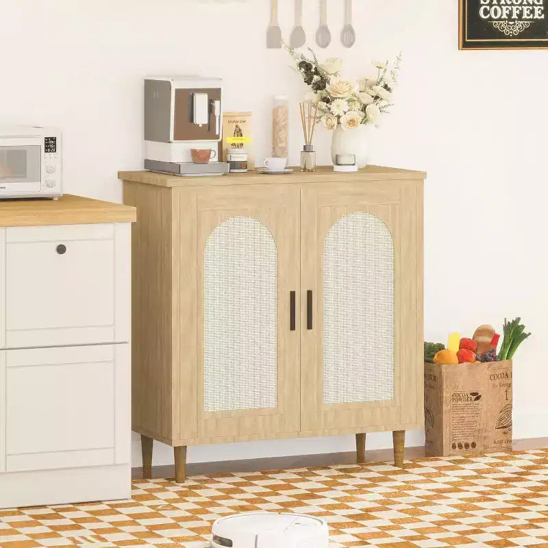 Bahut de rangement de cuisine avec rotin, pieds en bois massif pour salon, couloir