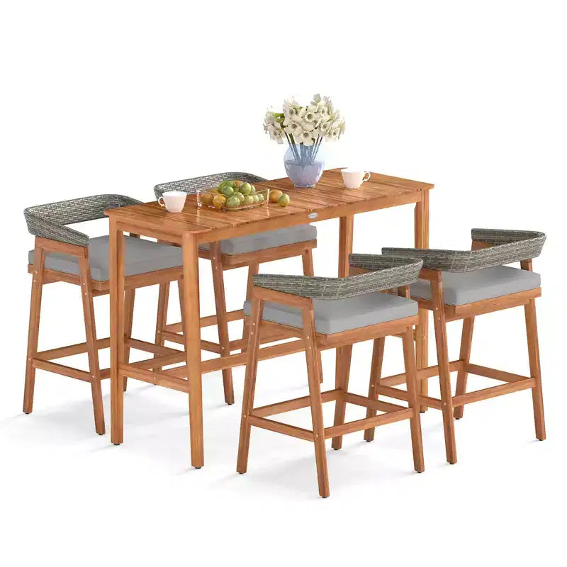Set da bar da esterno Costway 5 pezzi con 4 sgabelli imbottiti e schienale in rattan curvo