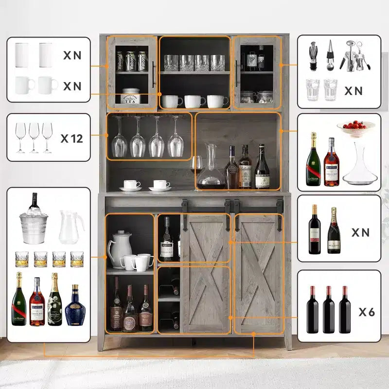 Mobile credenza da bar TROPOW 70'' con vetrinetta superiore, armadietto da caffè alto con ante scorrevoli a granaio, portabottiglie e calici, mobile bar stile farmhouse