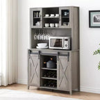 Mobile credenza da bar TROPOW 70'' con vetrinetta superiore, armadietto da caffè alto con ante scorrevoli a granaio, portabottiglie e calici, mobile bar stile farmhouse