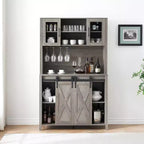 Mobile credenza da bar TROPOW 70'' con vetrinetta superiore, armadietto da caffè alto con ante scorrevoli a granaio, portabottiglie e calici, mobile bar stile farmhouse