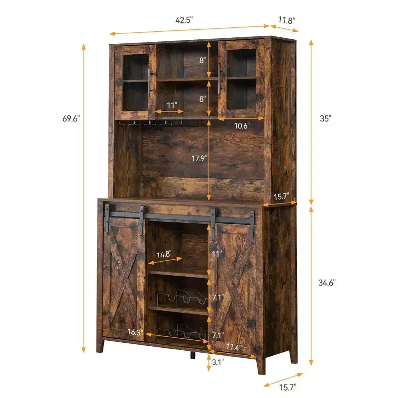 Mobile credenza da bar TROPOW 70'' con vetrinetta superiore, armadietto da caffè alto con ante scorrevoli a granaio, portabottiglie e calici, mobile bar stile farmhouse