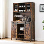 Mobile credenza da bar TROPOW 70'' con vetrinetta superiore, armadietto da caffè alto con ante scorrevoli a granaio, portabottiglie e calici, mobile bar stile farmhouse