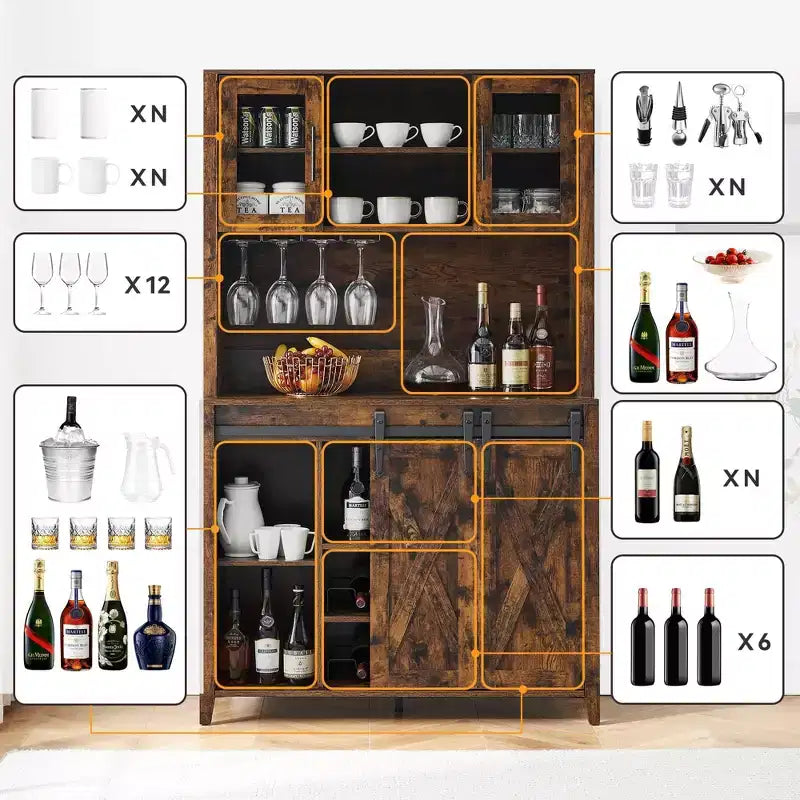 Mobile credenza da bar TROPOW 70'' con vetrinetta superiore, armadietto da caffè alto con ante scorrevoli a granaio, portabottiglie e calici, mobile bar stile farmhouse