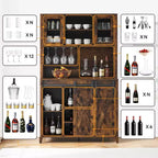 Mobile credenza da bar TROPOW 70'' con vetrinetta superiore, armadietto da caffè alto con ante scorrevoli a granaio, portabottiglie e calici, mobile bar stile farmhouse