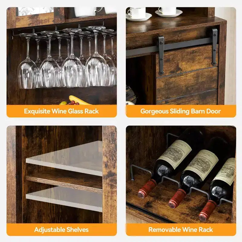 Mobile credenza da bar TROPOW 70'' con vetrinetta superiore, armadietto da caffè alto con ante scorrevoli a granaio, portabottiglie e calici, mobile bar stile farmhouse