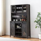 Mobile credenza da bar TROPOW 70'' con vetrinetta superiore, armadietto da caffè alto con ante scorrevoli a granaio, portabottiglie e calici, mobile bar stile farmhouse