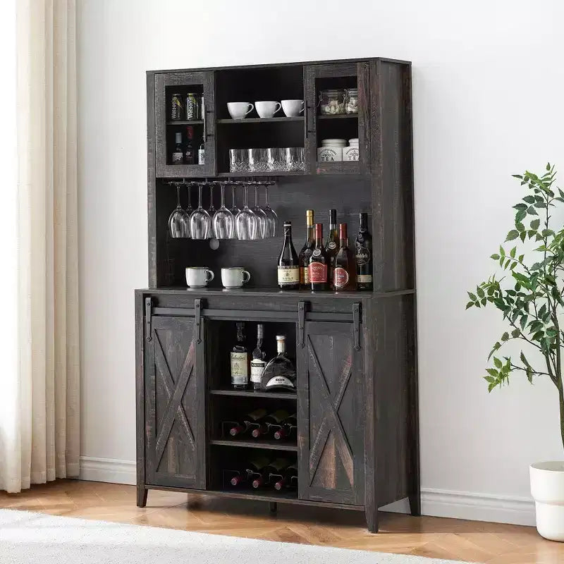 Meuble bar à vin TROPOW 70'' avec armoire de rangement, grand meuble bar à café avec portes coulissantes de grange, casier à bouteilles et verres, bar à café de style ferme