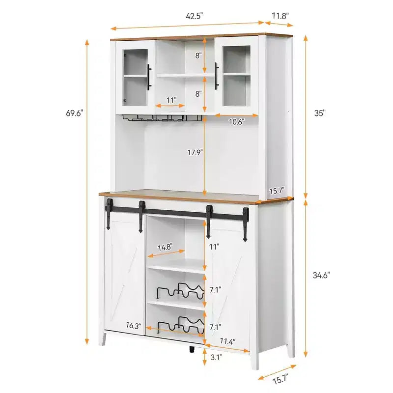 Mobile credenza da bar TROPOW 70'' con vetrinetta superiore, armadietto da caffè alto con ante scorrevoli a granaio, portabottiglie e calici, mobile bar stile farmhouse