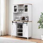 Mobile credenza da bar TROPOW 70'' con vetrinetta superiore, armadietto da caffè alto con ante scorrevoli a granaio, portabottiglie e calici, mobile bar stile farmhouse