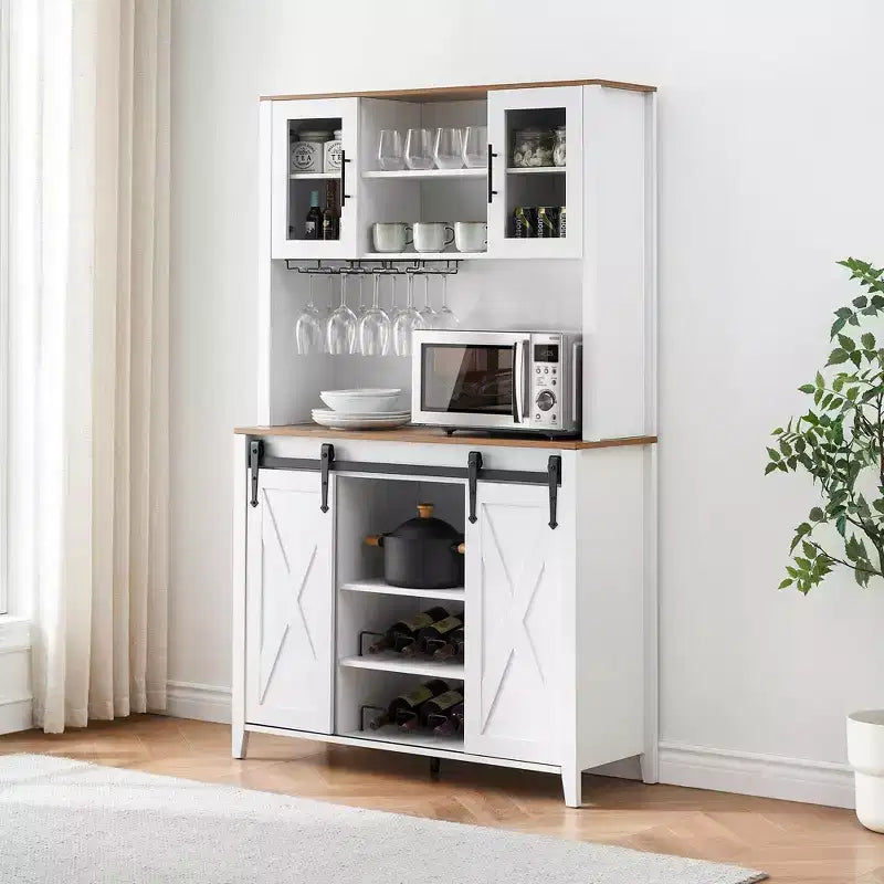 Mobile credenza da bar TROPOW 70'' con vetrinetta superiore, armadietto da caffè alto con ante scorrevoli a granaio, portabottiglie e calici, mobile bar stile farmhouse