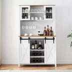 Mobile credenza da bar TROPOW 70'' con vetrinetta superiore, armadietto da caffè alto con ante scorrevoli a granaio, portabottiglie e calici, mobile bar stile farmhouse