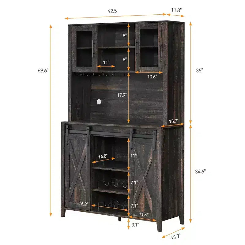 Meuble bar à vin TROPOW 70'' avec armoire de rangement, grand meuble bar à café avec portes coulissantes de grange, casier à bouteilles et verres, bar à café de style ferme