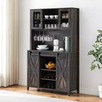 Mobile credenza da bar TROPOW 70'' con vetrinetta superiore, armadietto da caffè alto con ante scorrevoli a granaio, portabottiglie e calici, mobile bar stile farmhouse