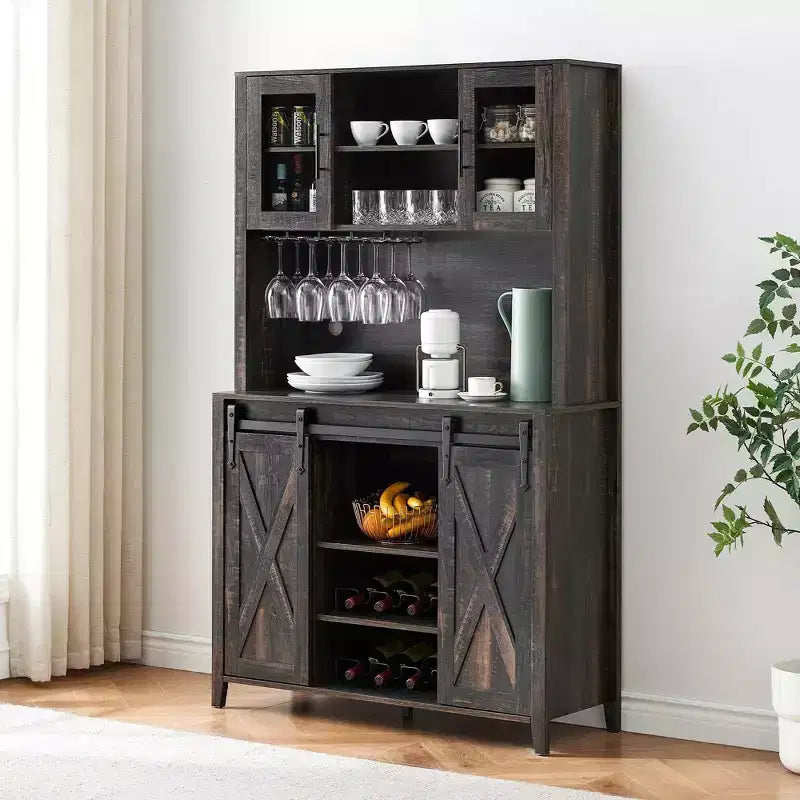 Meuble bar à vin TROPOW 70'' avec armoire de rangement, grand meuble bar à café avec portes coulissantes de grange, casier à bouteilles et verres, bar à café de style ferme