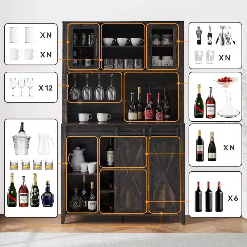 Meuble bar à vin TROPOW 70'' avec armoire de rangement, grand meuble bar à café avec portes coulissantes de grange, casier à bouteilles et verres, bar à café de style ferme