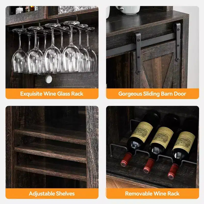 Mobile credenza da bar TROPOW 70'' con vetrinetta superiore, armadietto da caffè alto con ante scorrevoli a granaio, portabottiglie e calici, mobile bar stile farmhouse