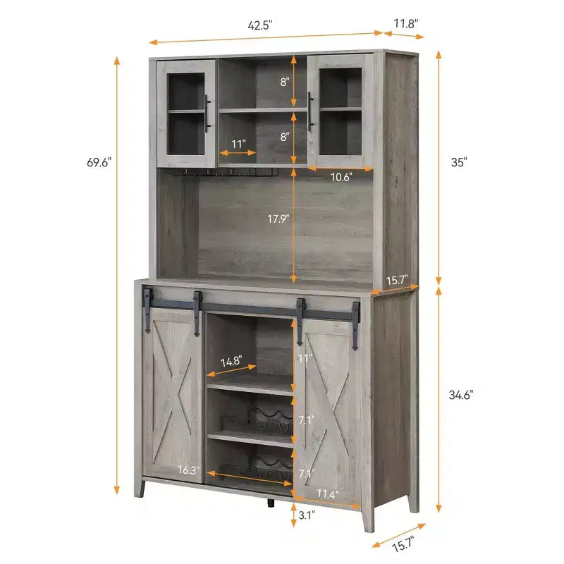 Mobile credenza da bar TROPOW 70'' con vetrinetta superiore, armadietto da caffè alto con ante scorrevoli a granaio, portabottiglie e calici, mobile bar stile farmhouse