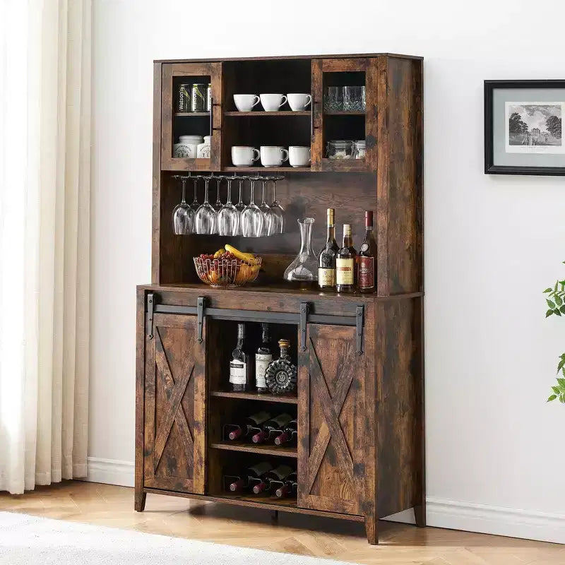 Meuble bar à vin TROPOW 70'' avec armoire de rangement, grand meuble bar à café avec portes coulissantes de grange, casier à bouteilles et verres, bar à café de style ferme