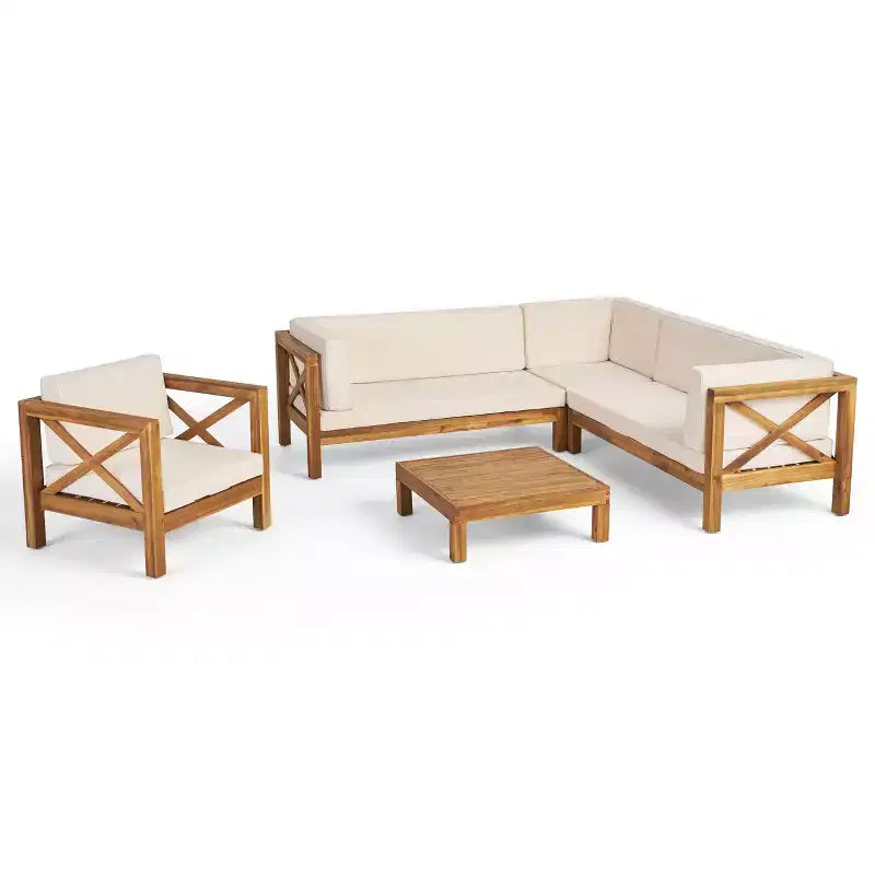 Christopher Knight Home George, set sezionale da esterno da 5 pezzi in legno di acacia, con tavolino da caffè e cuscini