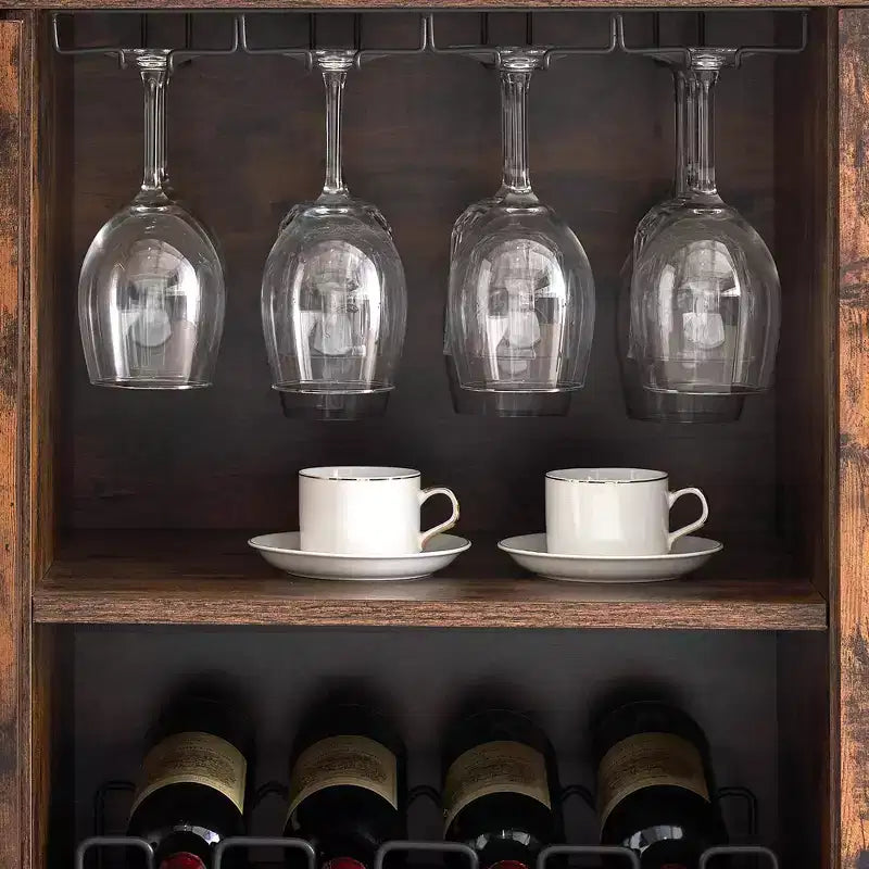 Mobile Bar per Vini con Luce LED e Portabottiglie Rimovibile, Mobile Bar con Anta a Rete, Mobile Bar per Liquori con Porta Bicchieri, Mobile Bar per Caffè e Liquori