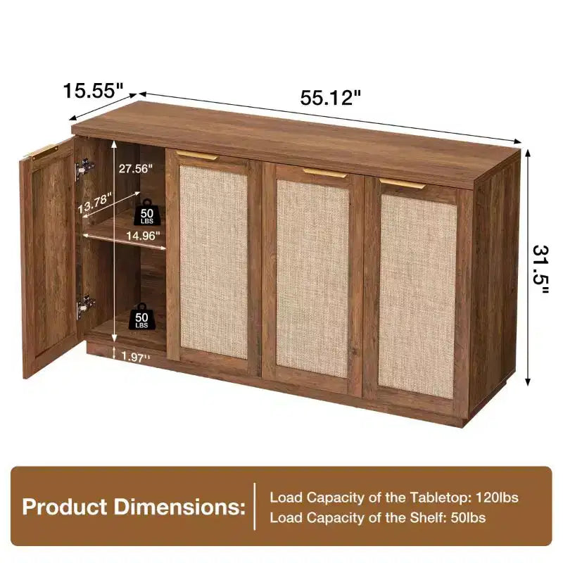 Hommpa Credenza a 4 ante in rattan da 55", armadio multiuso per sala da pranzo