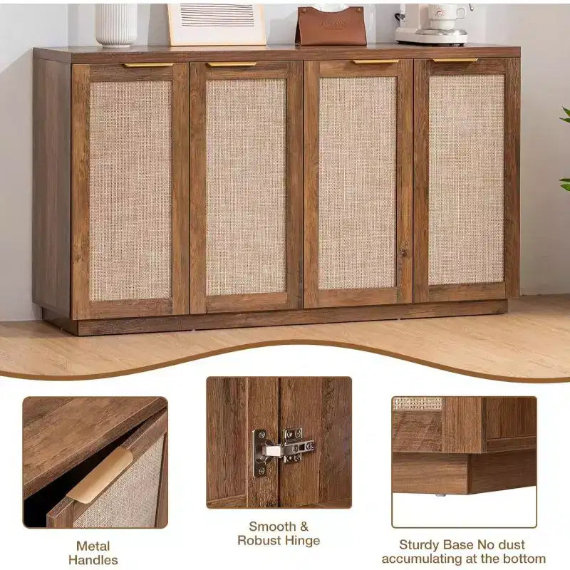 Hommpa Credenza a 4 ante in rattan da 55", armadio multiuso per sala da pranzo