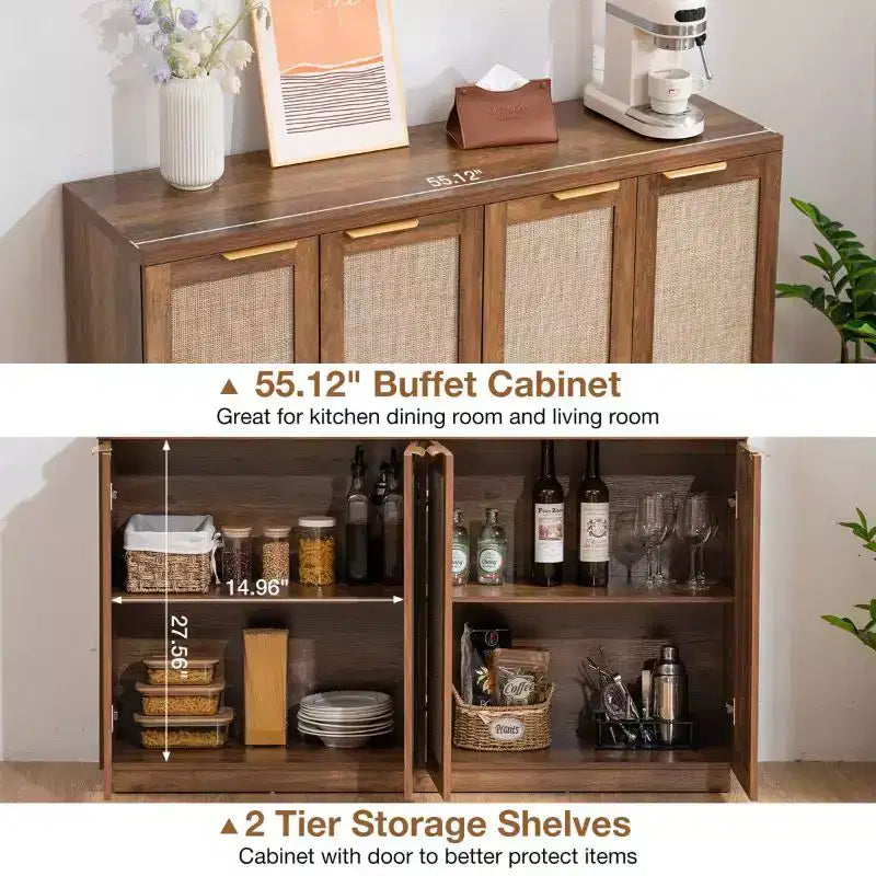 Hommpa Credenza a 4 ante in rattan da 55", armadio multiuso per sala da pranzo