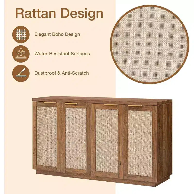 Hommpa Credenza a 4 ante in rattan da 55", armadio multiuso per sala da pranzo