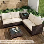 Ensemble de meubles de patio Acekool 4 pièces en osier PE noir avec table de rangement, canapé sectionnel, plateau en verre et coussins beiges pour espaces extérieurs