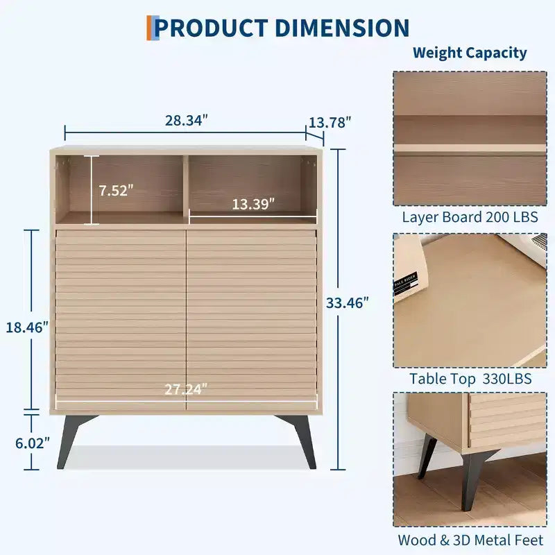 Buffet en bois cannelé de 71 cm avec étagères réglables et portes pour cuisine, salle à manger, appartements