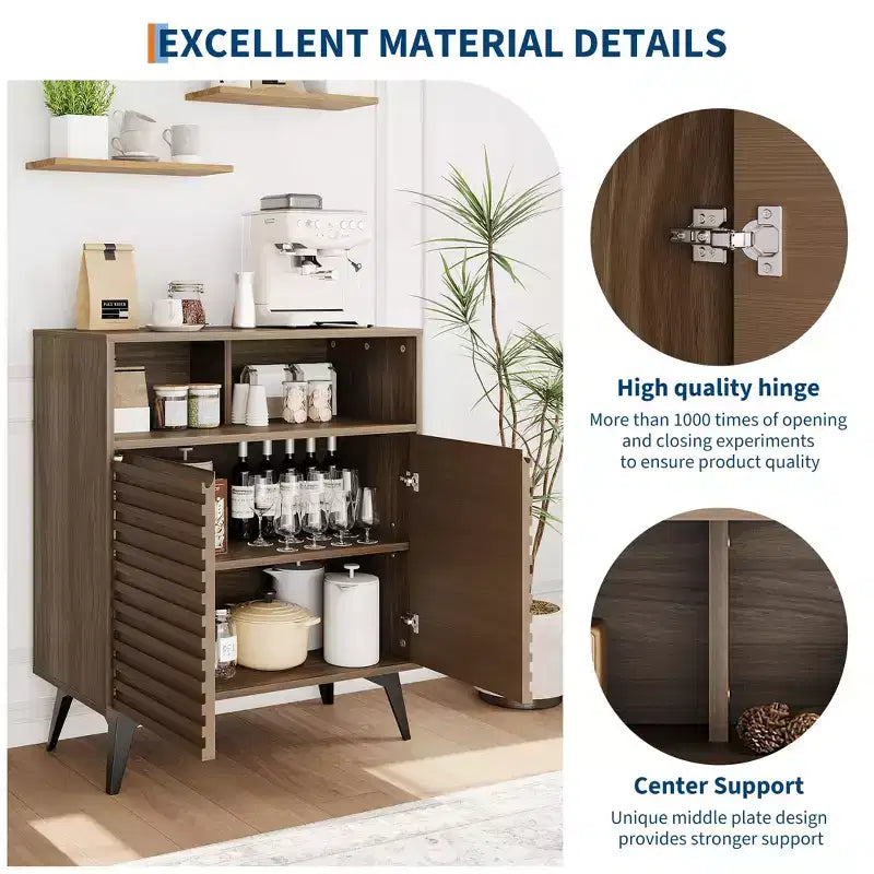 Buffet en bois cannelé de 71 cm avec étagères réglables et portes pour cuisine, salle à manger, appartements